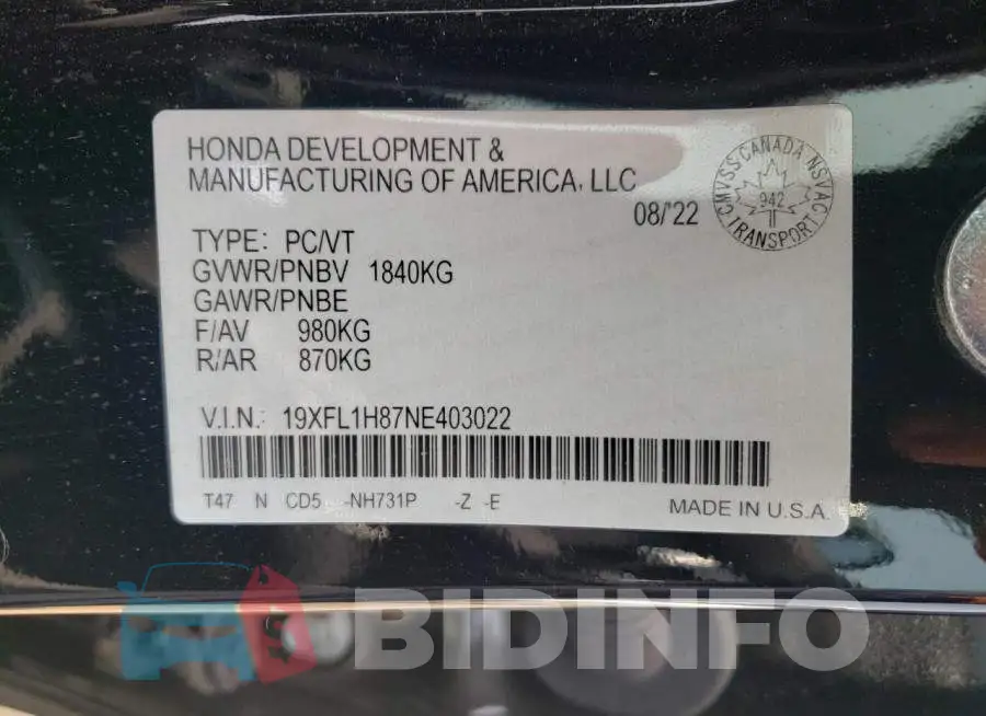 19XFL1H87NE403022 Photo# 12