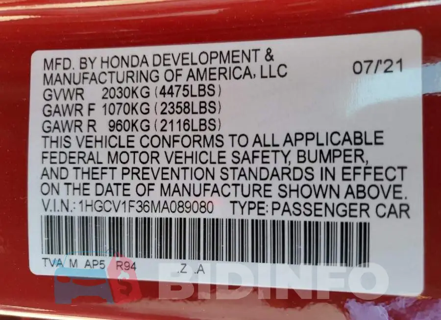 1HGCV1F36MA089080 Photo# 13