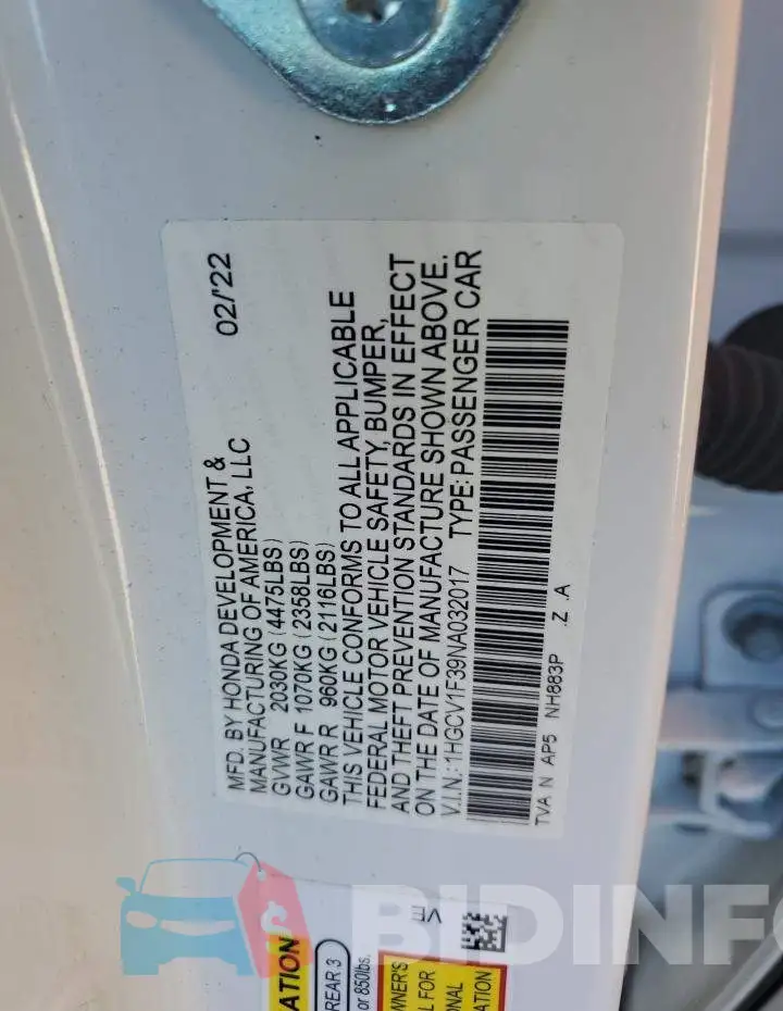 1HGCV1F39NA032017 Photo# 12