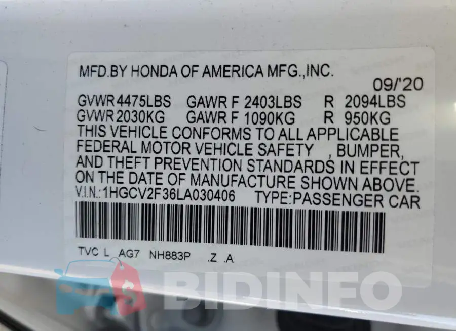 1HGCV2F36LA030406 Photo# 12