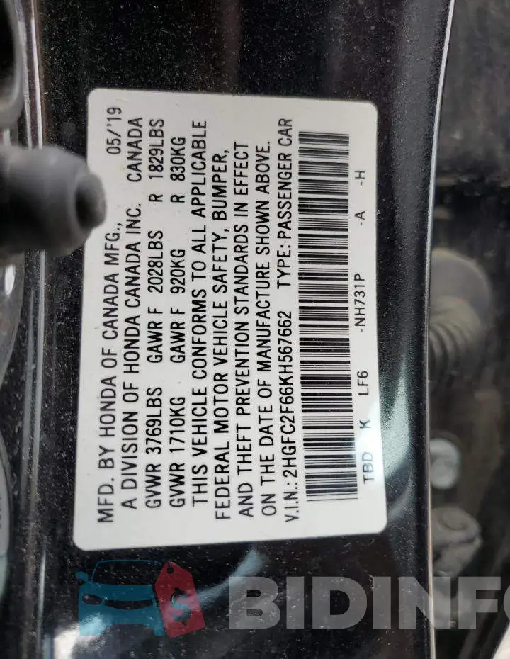 2HGFC2F66KH567662 Photo# 12