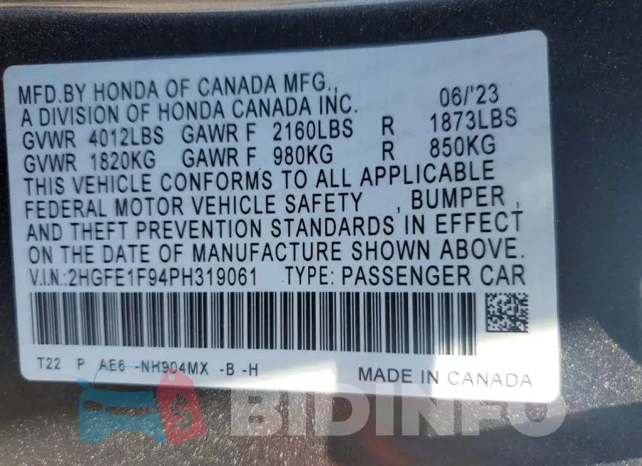 2HGFE1F94PH319061 Photo# 12
