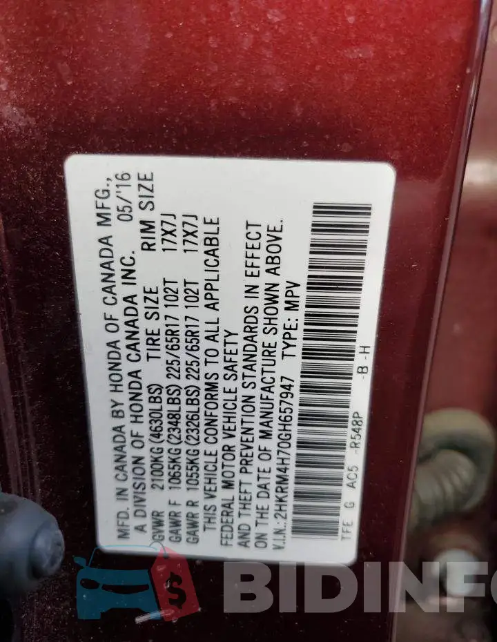 2HKRM4H70GH657947 Photo# 12