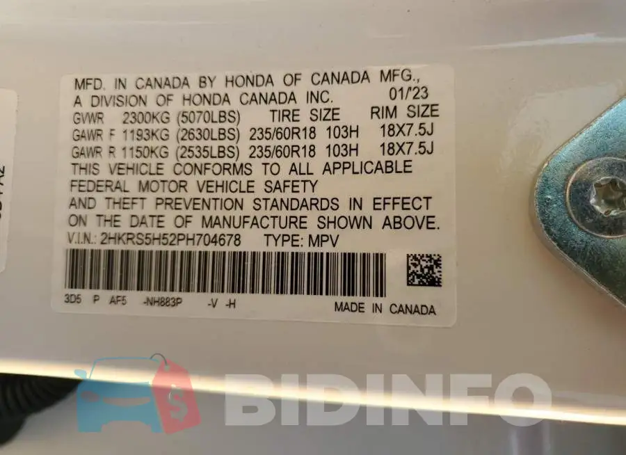 2HKRS5H52PH704678 Photo# 12