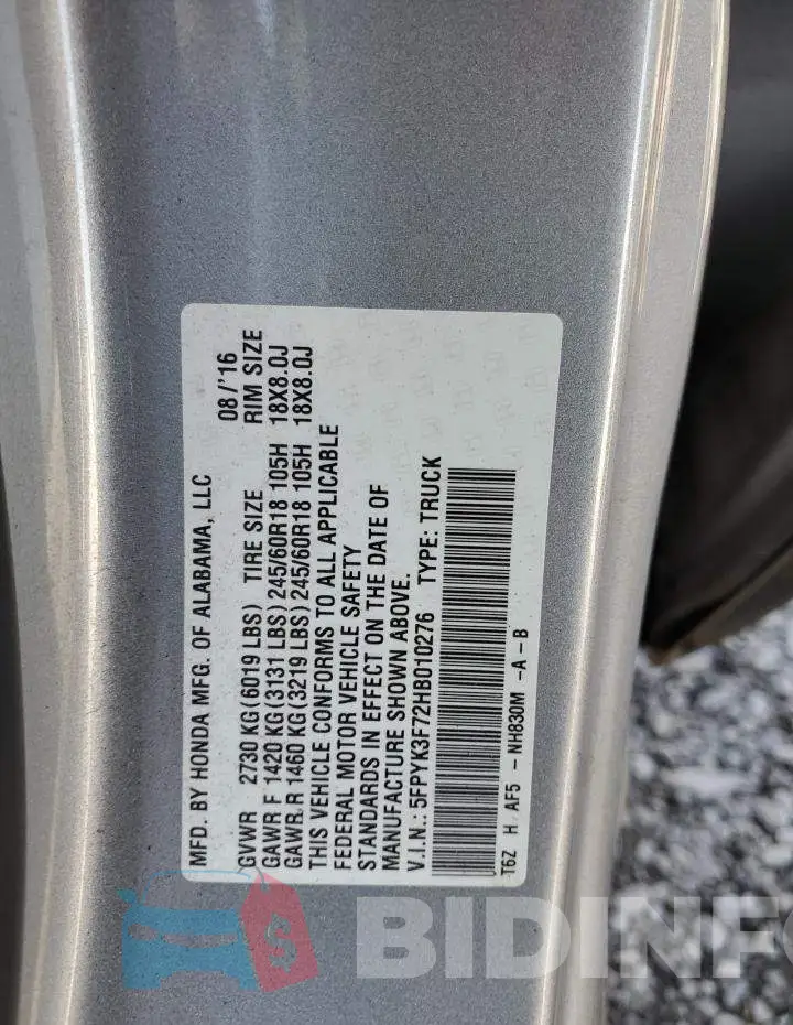 5FPYK3F72HB010276 Photo# 12