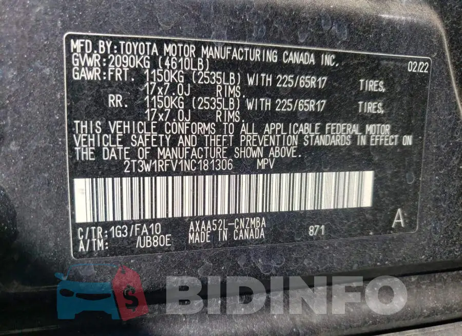 2T3W1RFV1NC181306 Photo# 12