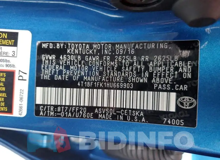 4T1BF1FK1HU669903 Photo# 12