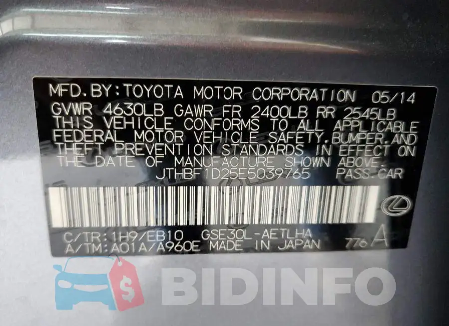 JTHBF1D25E5039765 Photo# 12