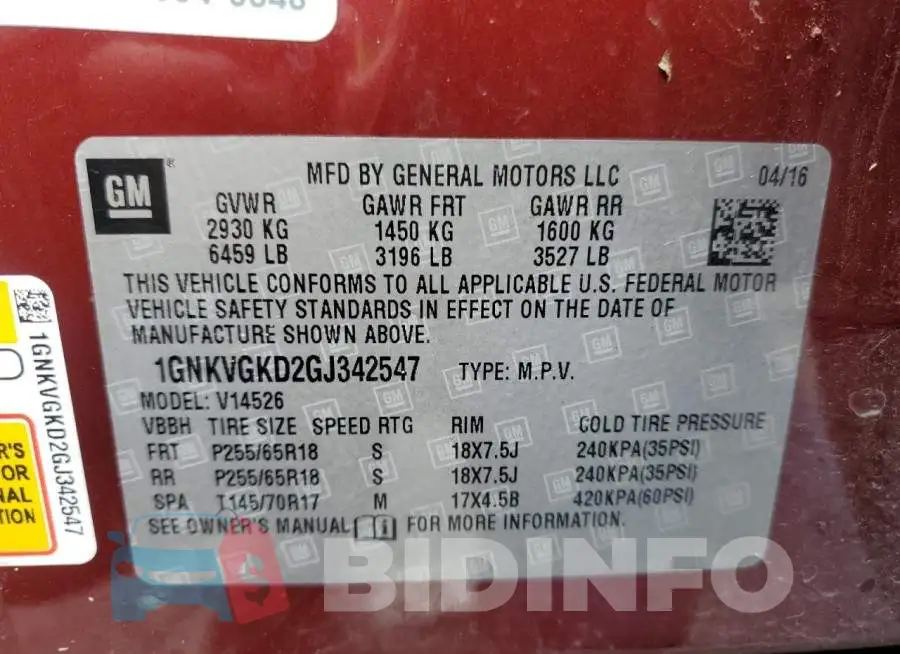 1GNKVGKD2GJ342547 Photo# 12