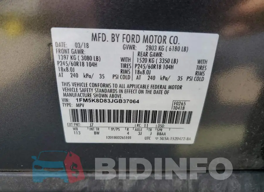 1FM5K8D83JGB37064 Photo# 13