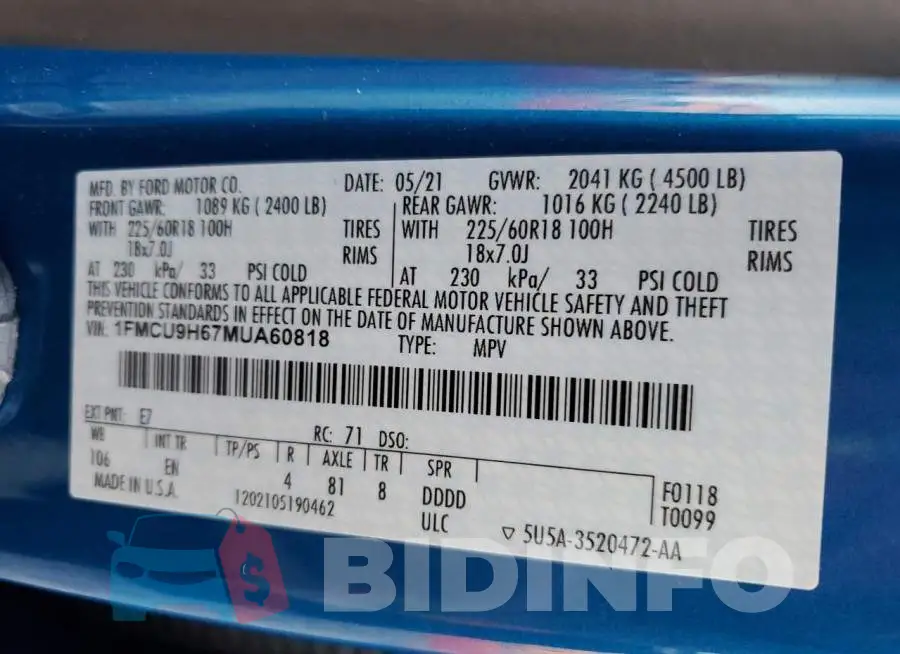 1FMCU9H67MUA60818 Photo# 13