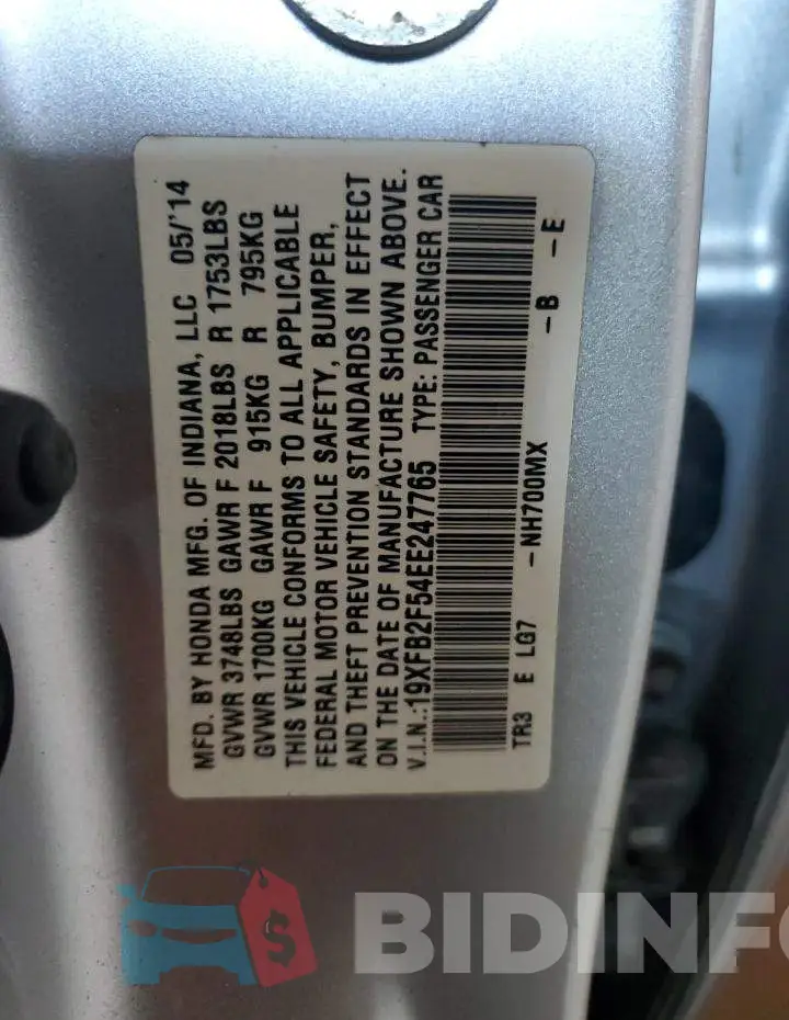 19XFB2F54EE247765 Photo# 12