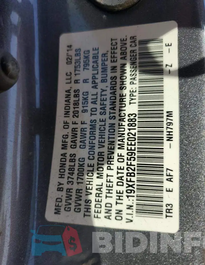 19XFB2F59EE021883 Photo# 12