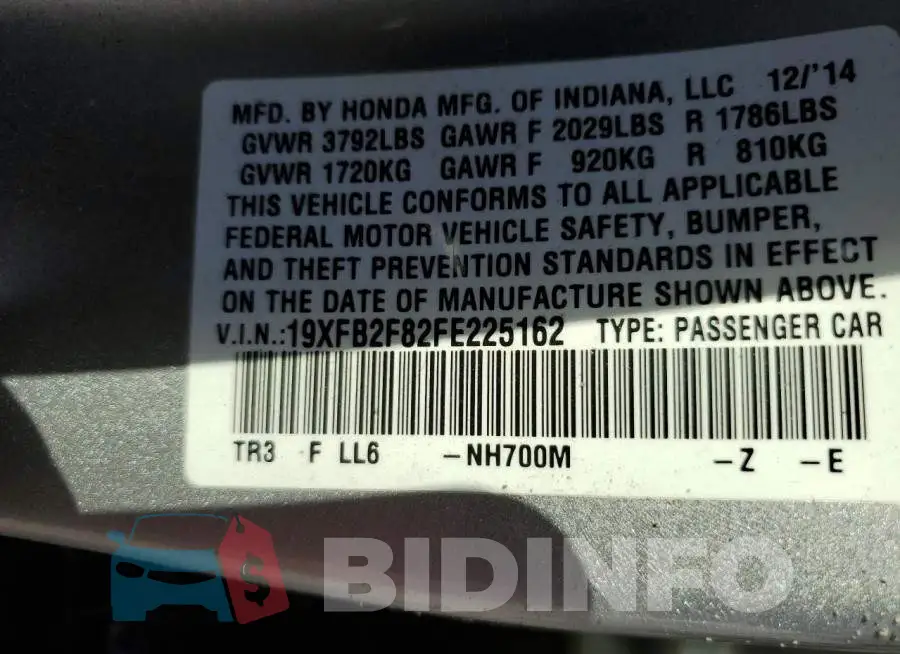 19XFB2F82FE225162 Photo# 12
