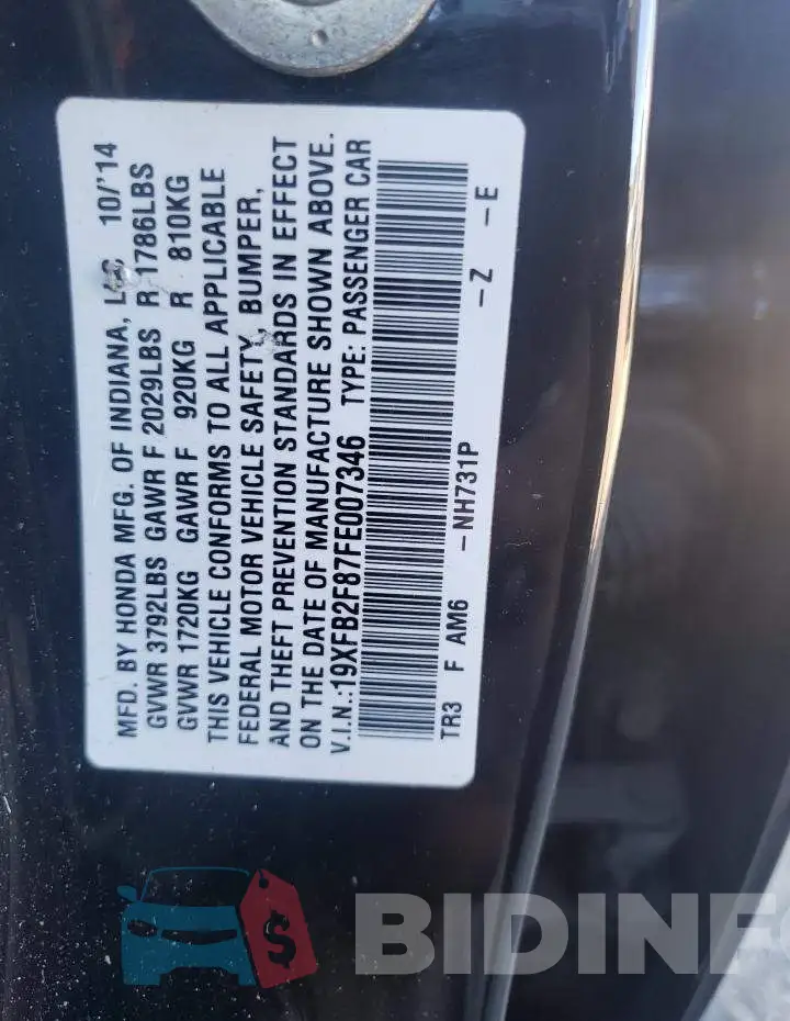 19XFB2F87FE007346 Photo# 12