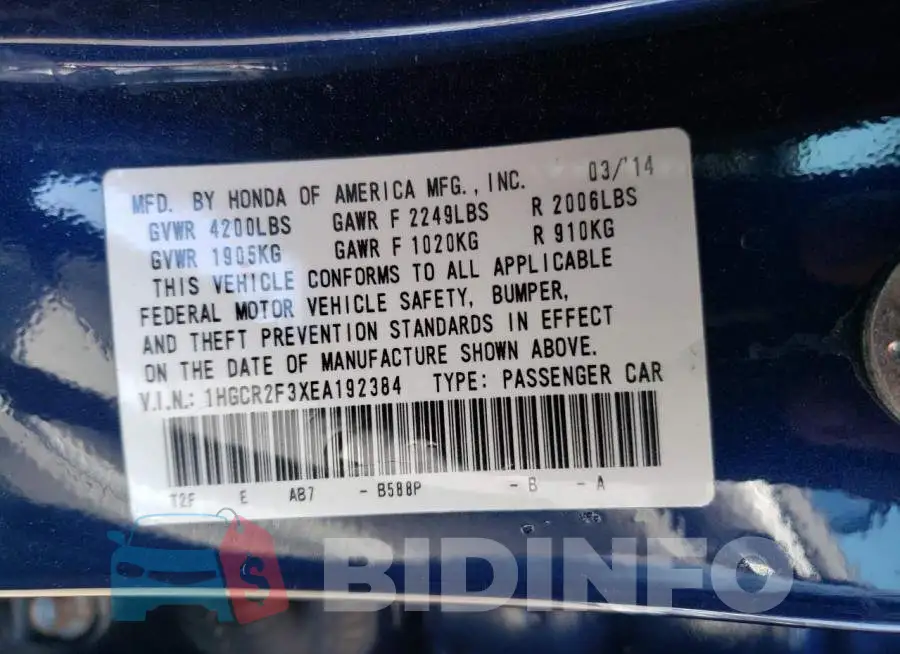 1HGCR2F3XEA192384 Photo# 12