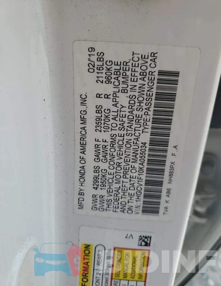 1HGCV1F10KA055034 Photo# 13