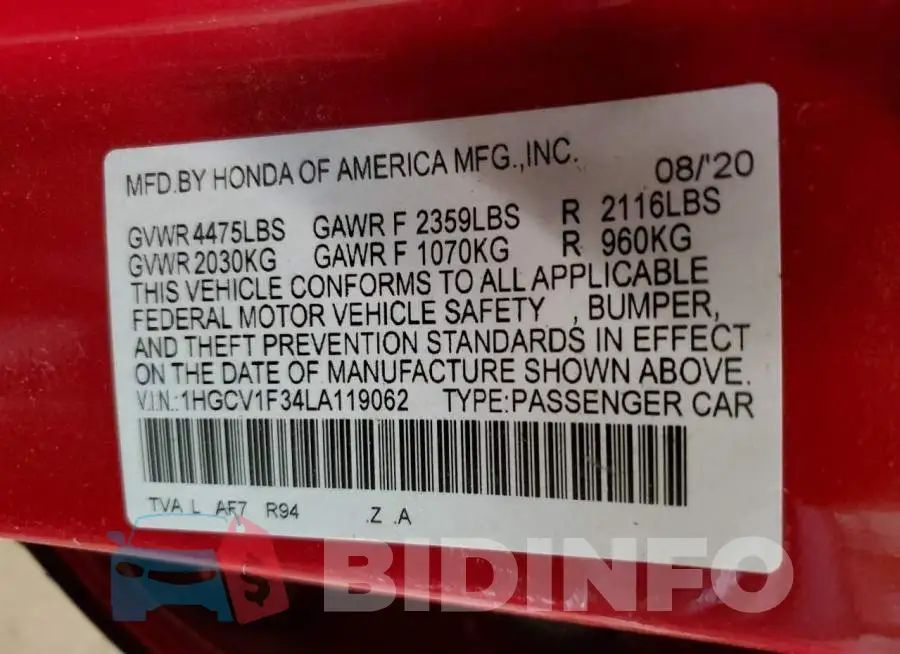 1HGCV1F34LA119062 Photo# 13