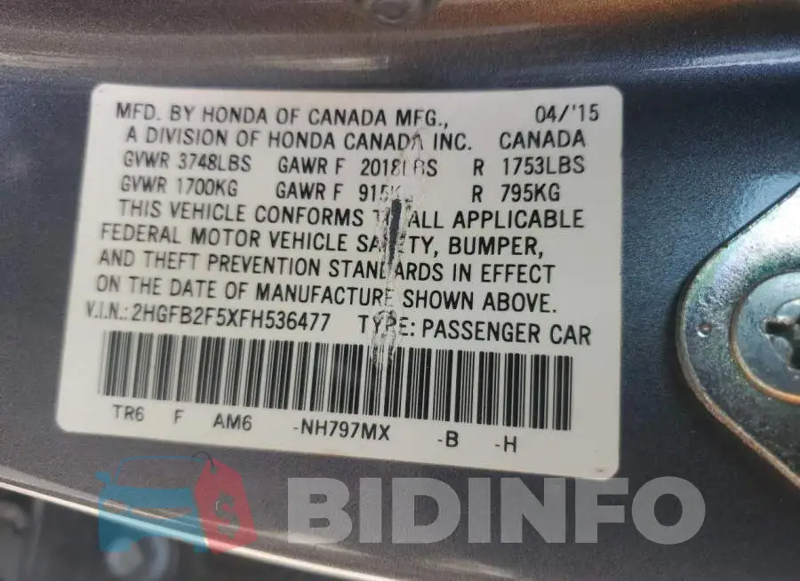 2HGFB2F5XFH536477 Photo# 13