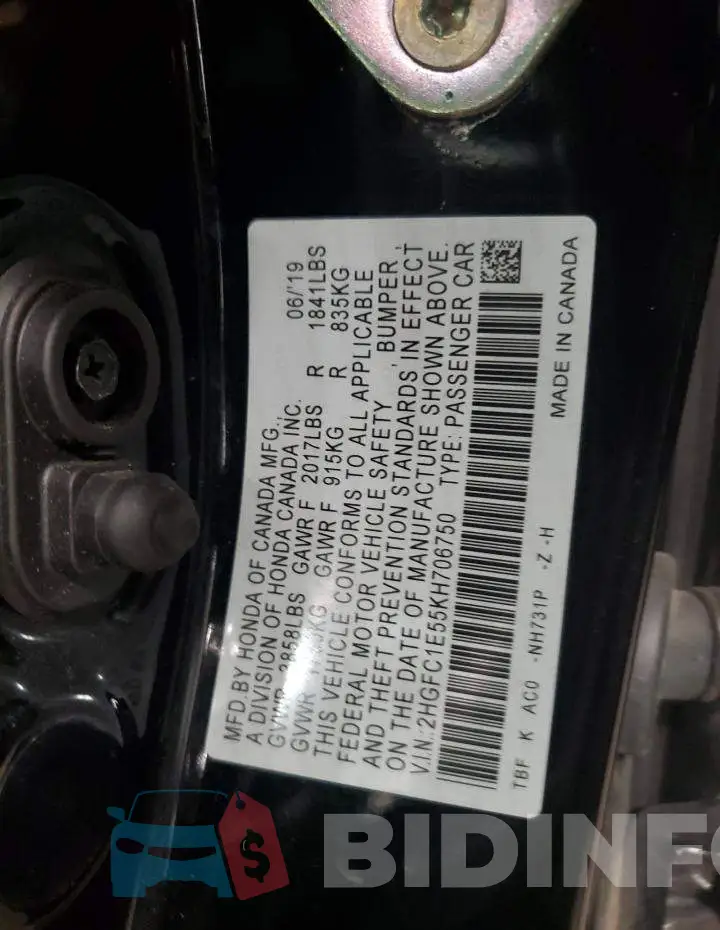 2HGFC1E55KH706750 Photo# 12
