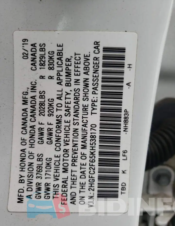 2HGFC2F65KH538170 Photo# 12