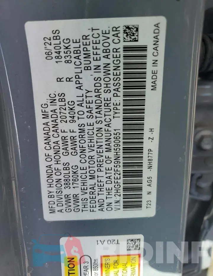 2HGFE2F59NH590651 Photo# 12