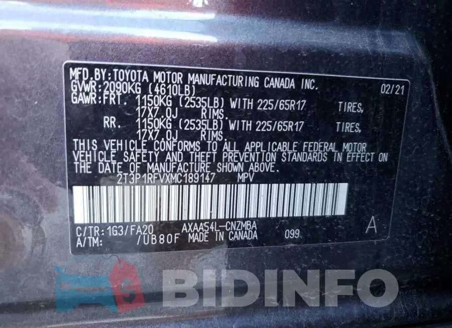 2T3P1RFVXMC189147 Photo# 13