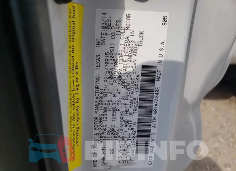 5TFTX4CN1EX042716 Photo# 12