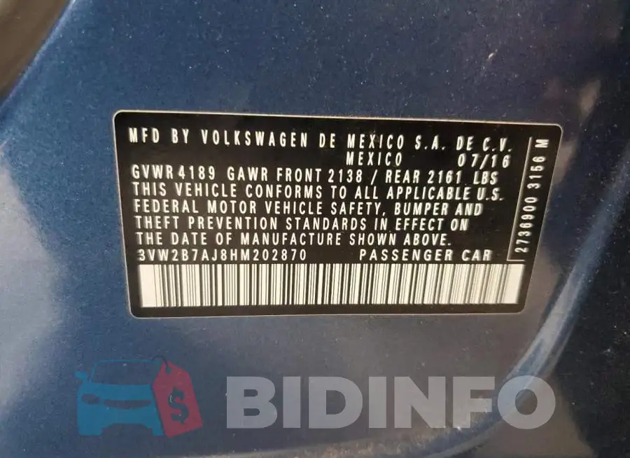 3VW2B7AJ8HM202870 Photo# 12