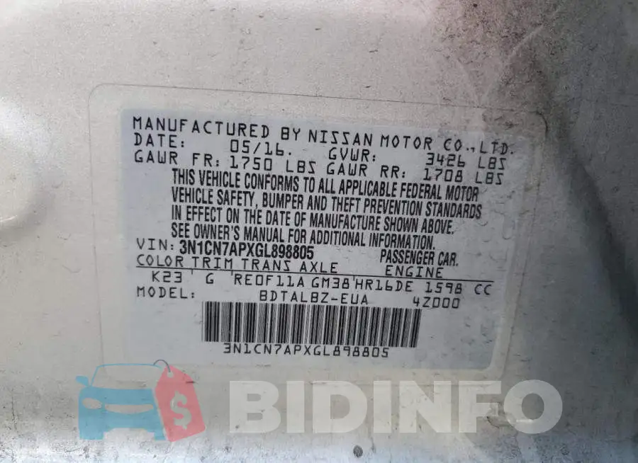 3N1CN7APXGL898805 Photo# 13