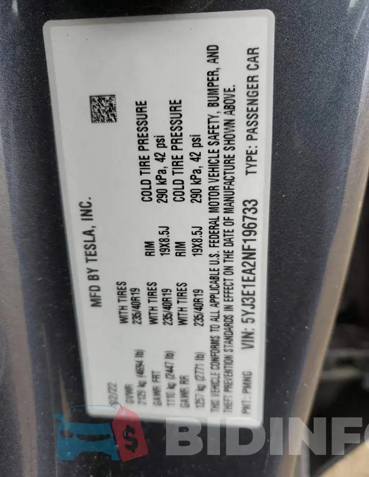 5YJ3E1EA2NF196733 Photo# 12