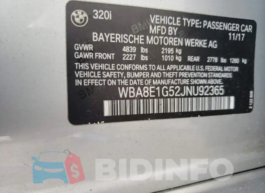 WBA8E1G52JNU92365 Photo# 12