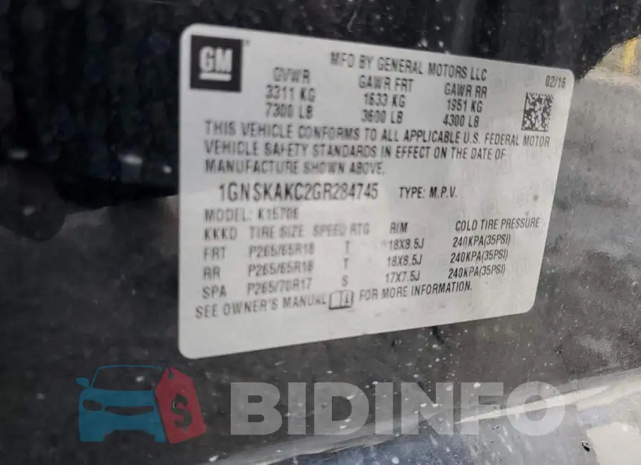 1GNSKAKC2GR284745 Photo# 13