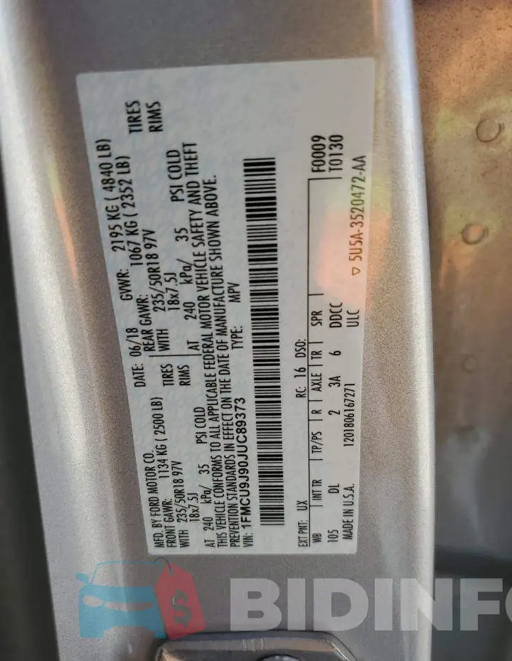 1FMCU9J90JUC89373 Photo# 12