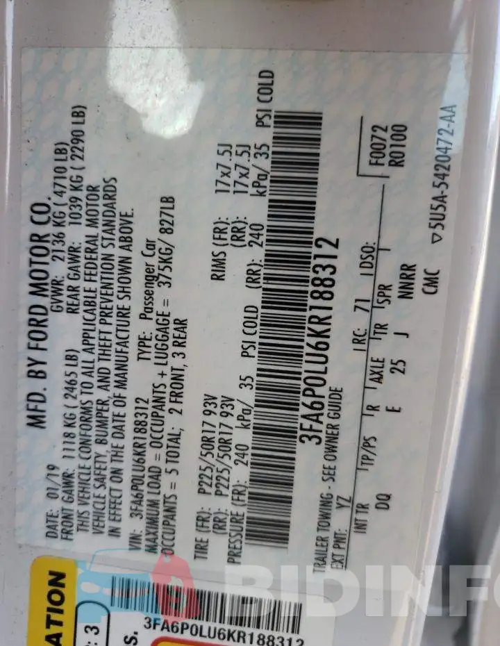 3FA6P0LU6KR188312 Photo# 12