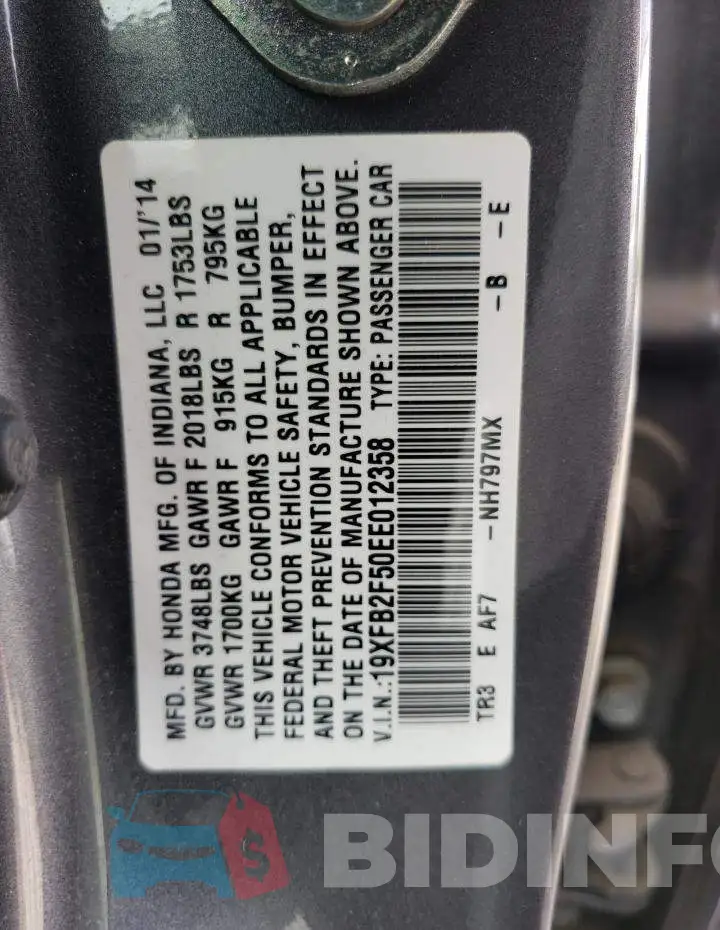 19XFB2F50EE012358 Photo# 13