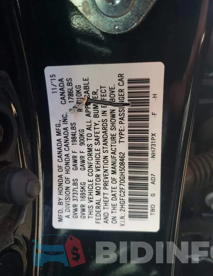 2HGFC2F70GH508462 Photo# 13