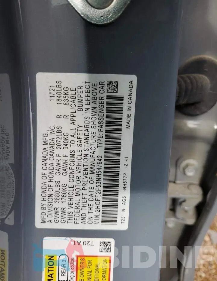 2HGFE2F53NH547942 Photo# 13