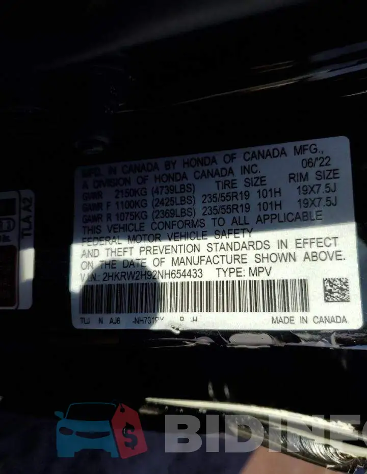 2HKRW2H92NH654433 Photo# 13