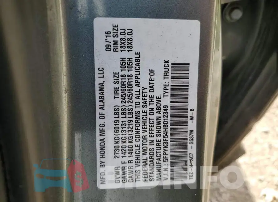 5FPYK3F54HB012349 Photo# 12