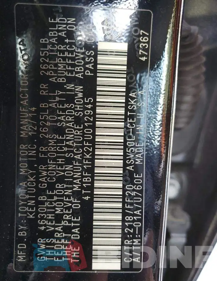 4T1BF1FK2FU012945 Photo# 12