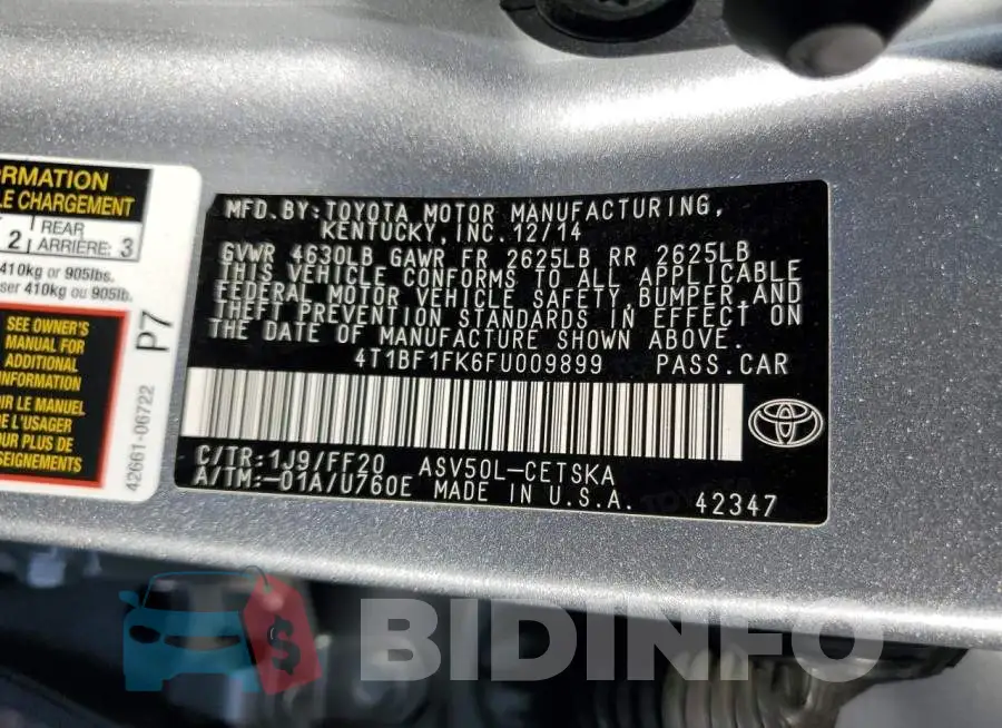 4T1BF1FK6FU009899 Photo# 12