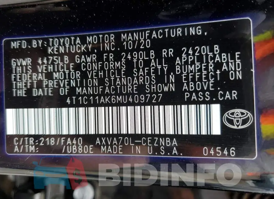 4T1C11AK6MU409727 Photo# 12