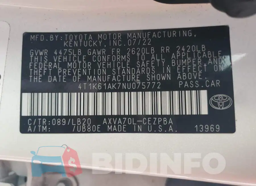 4T1K61AK7NU075772 Photo# 12