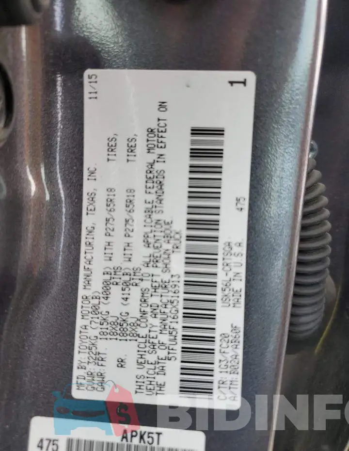 5TFUW5F16GX516913 Photo# 13