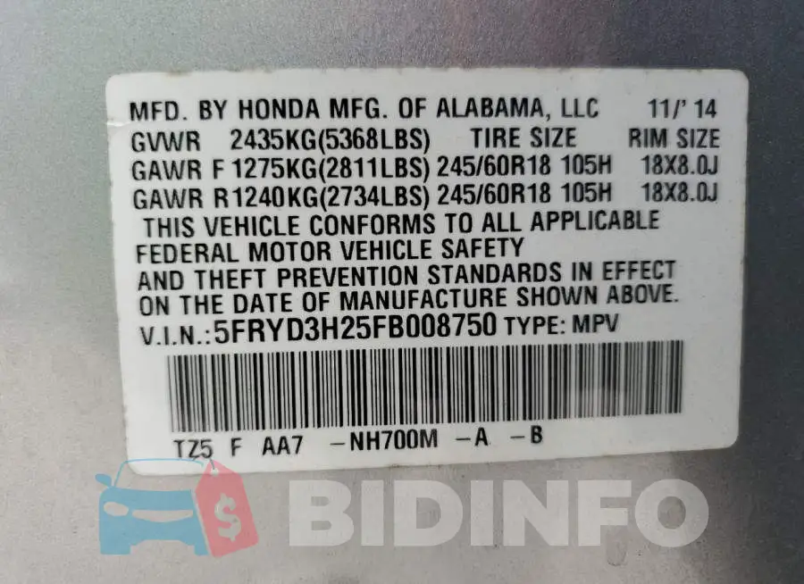 5FRYD3H25FB008750 Photo# 13