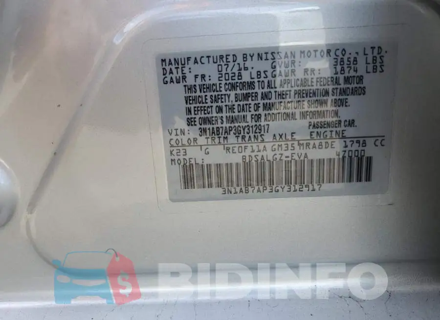 3N1AB7AP3GY312917 Photo# 12