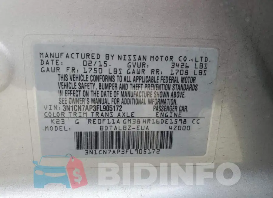 3N1CN7AP3FL905172 Photo# 13