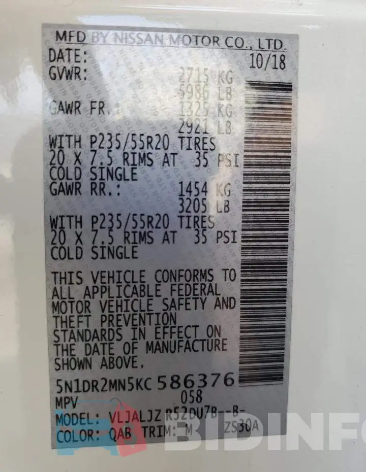 5N1DR2MN5KC586376 Photo# 13