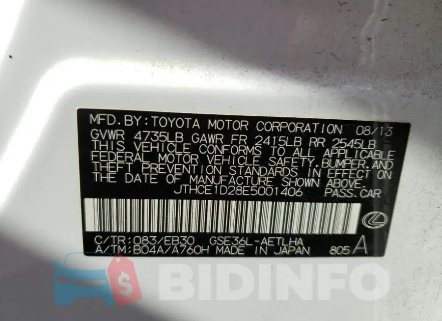 JTHCE1D28E5001406 Photo# 12
